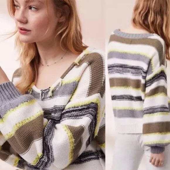 Lou & Grey Striped Oversized Balloon Sweater Fringe Large - Picture 1 of 8